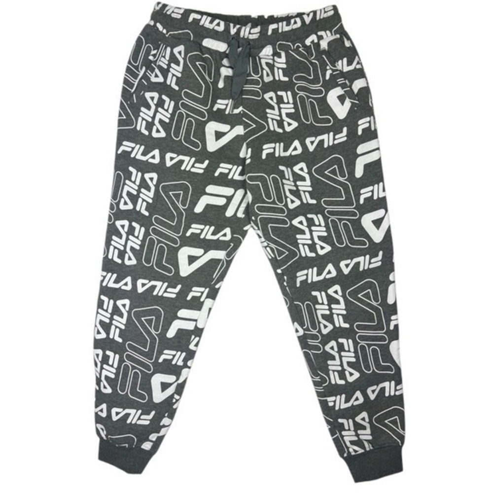 Fila All Over Logo Print Grey White Sweatpants Elastic Waist Drawstring Joggers